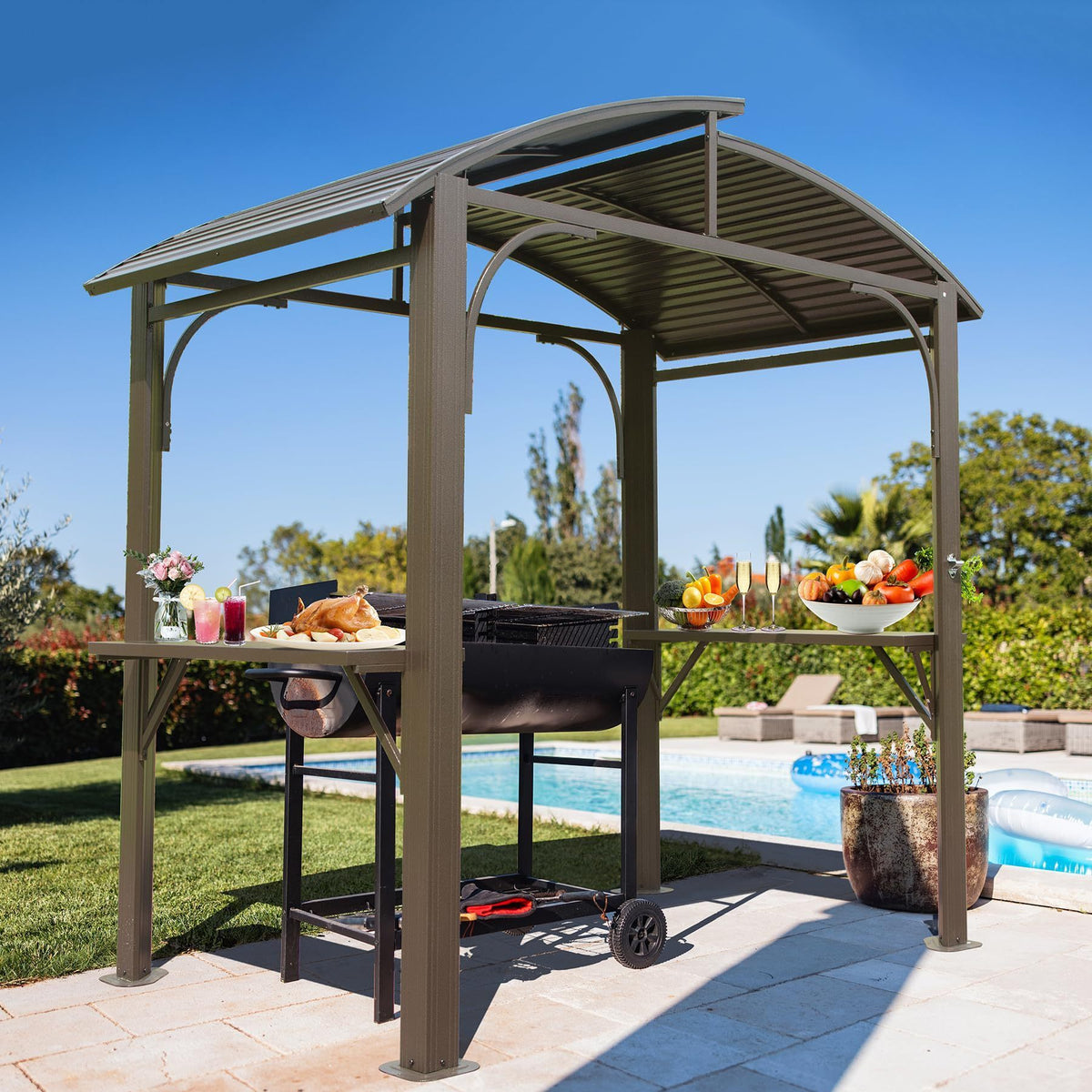 8x5FT Arc Roof, Grill Canopy for Outdoor Grill w/Double Galvanized Steel Roof and 2 Side Shelves, BBQ Gazebo Grill Tent for Patio Garden Backyard, Brown
