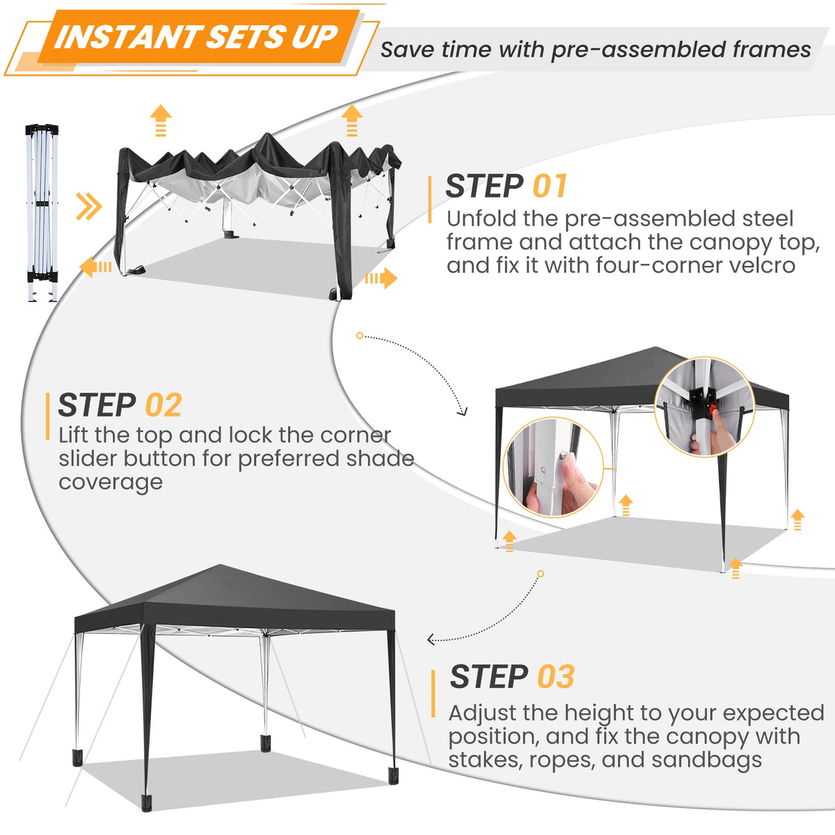 10x10 Pop Up Canopy Tent UPF 50+ Waterproof Outdoor Instant Portable Camping Gazebo for Commercial Sun Shade with 4 Sandbags