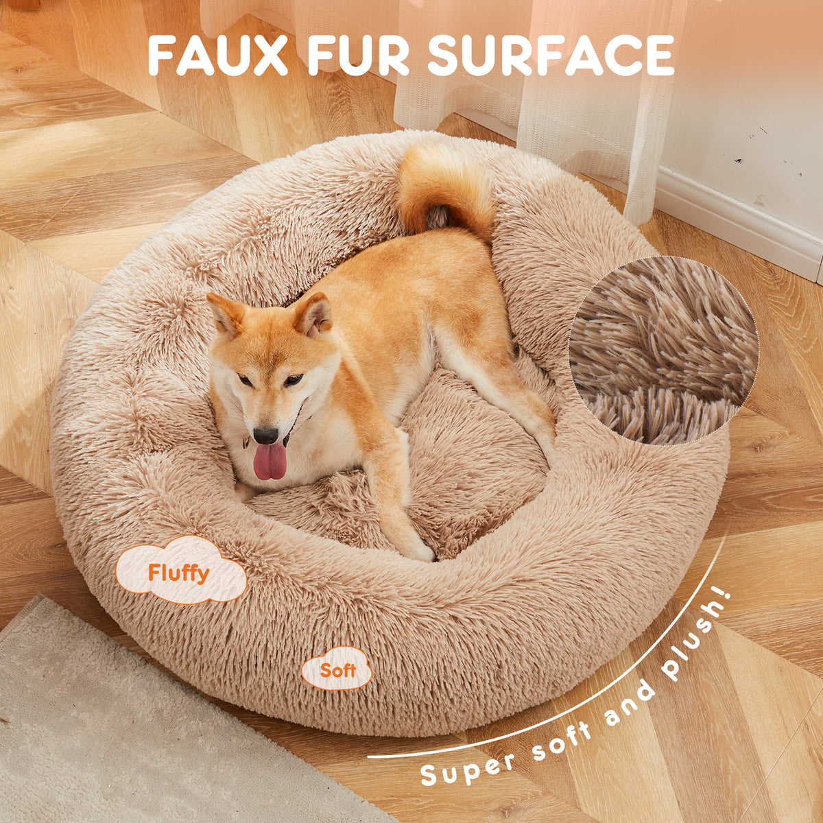 Anti-Slip Round Fluffy Plush Faux Fur Cat Bed, medium Brown