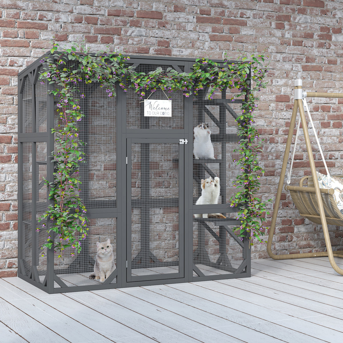 Catio Outdoor Cat Enclosure Cat House Wooden Cat Cage Large Feral Cat Shelter for Mulitiple Cats with Six Platforms, Large Enter Door, Waterproof Roof 60" Grey