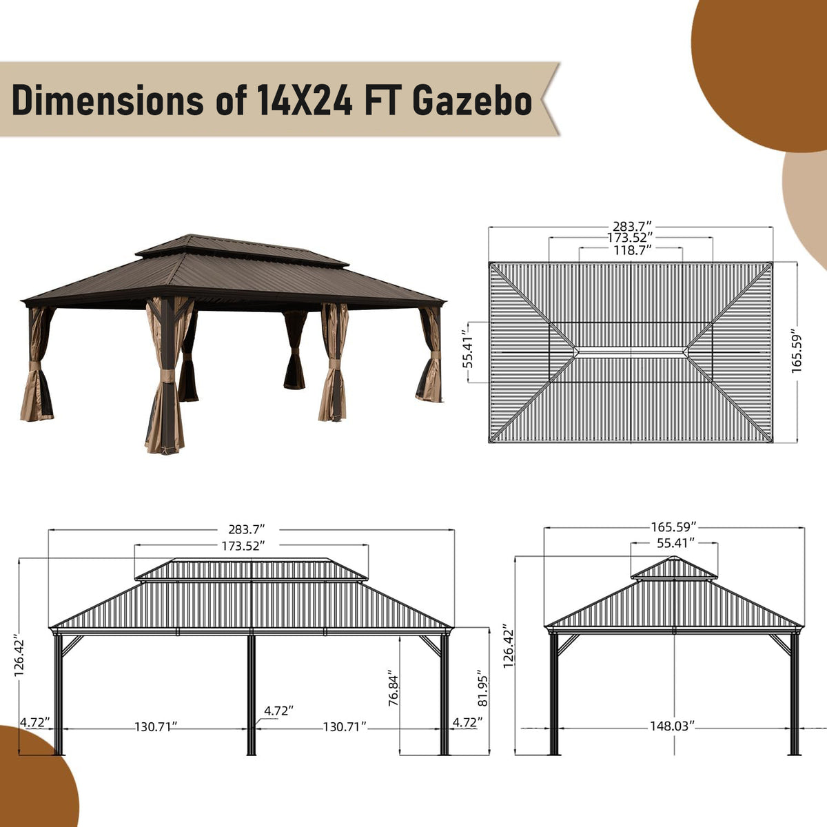14x24FT Hardtop Gazebo, Outdoor Gazebo with Galvanized Steel Double Roof, Aluminum Frame, Built-in Gutter System, Curtain and Netting, Metal Gazebo Pavilion for Patio Deck Garden, Brown