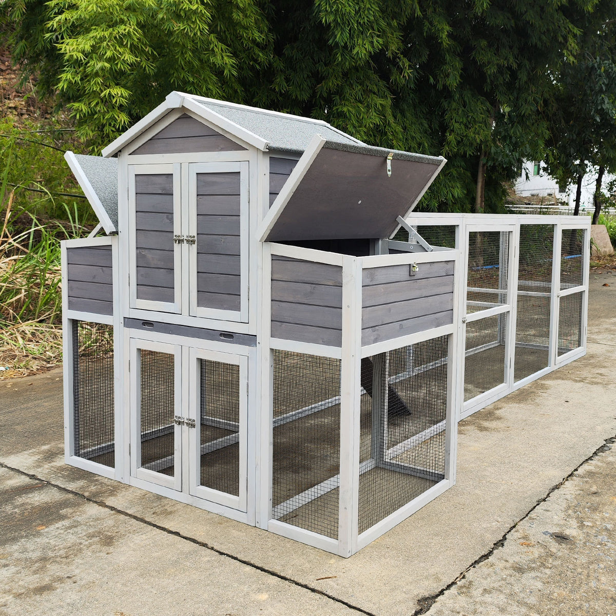 150"Chicken Coop Extra Large Chicken House, Outdoor Wooden Hen House Black Rust-proof Metal Wire Poultry Cage with Two Nesting Boxes, 5 Perches