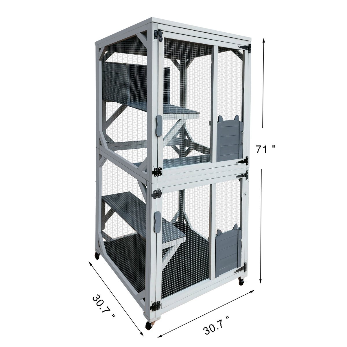 30.7" Wooden Catio Outdoor Cat Enclosure, Luxury Cat House on Wheels with Napping House, 4 Platforms & Weatherproof Asphalt Roof, Large Kitty Cat Condo Cage Shelter Playpen with Sliding Doors