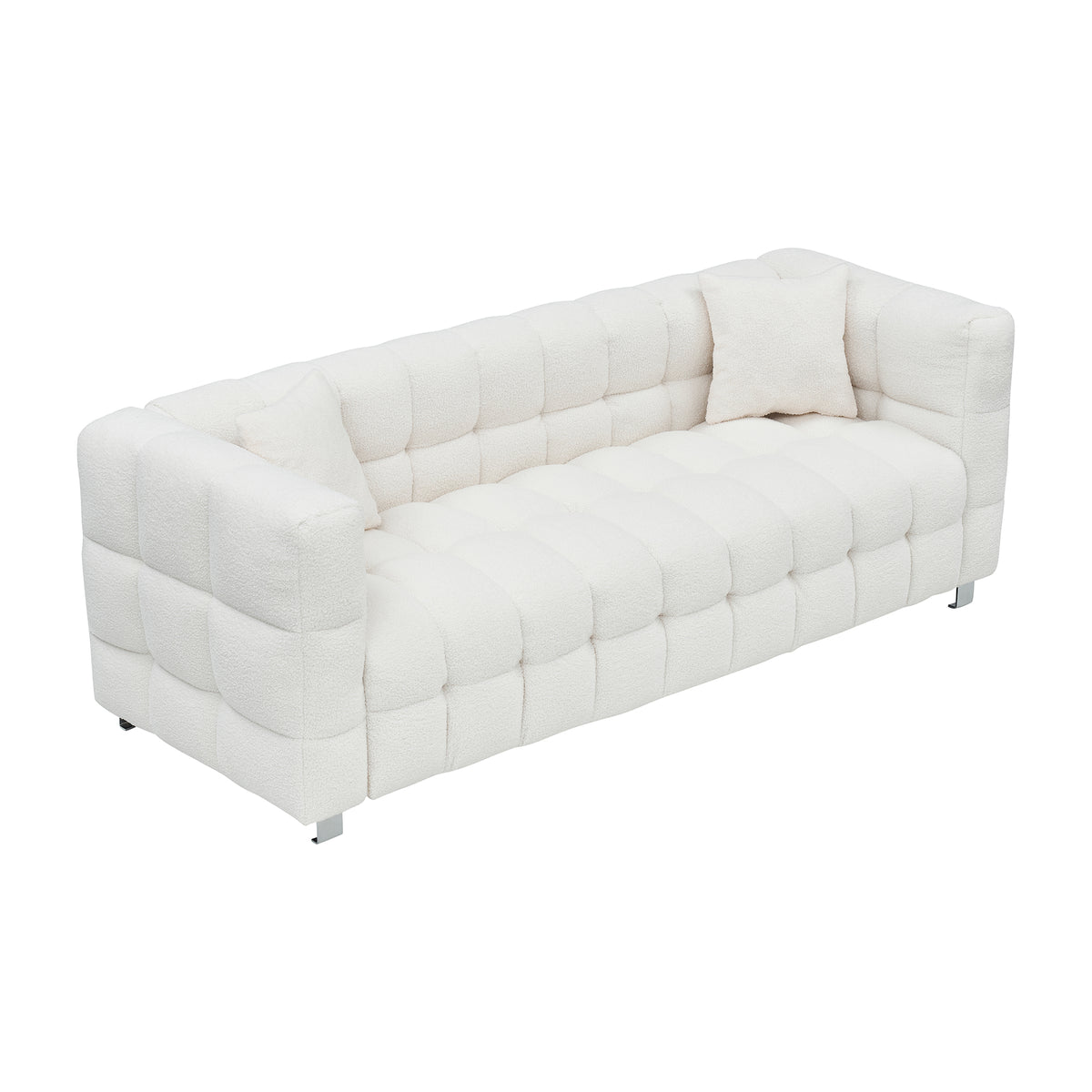 [SantaChoice] Sophisticated Comfort: Beige White Teddy Plush Sofa - 80 Inch, Perfect for Living Room or Bedroom, Includes Two Throw Pillows and Heavy-Duty Hardware Foot Support