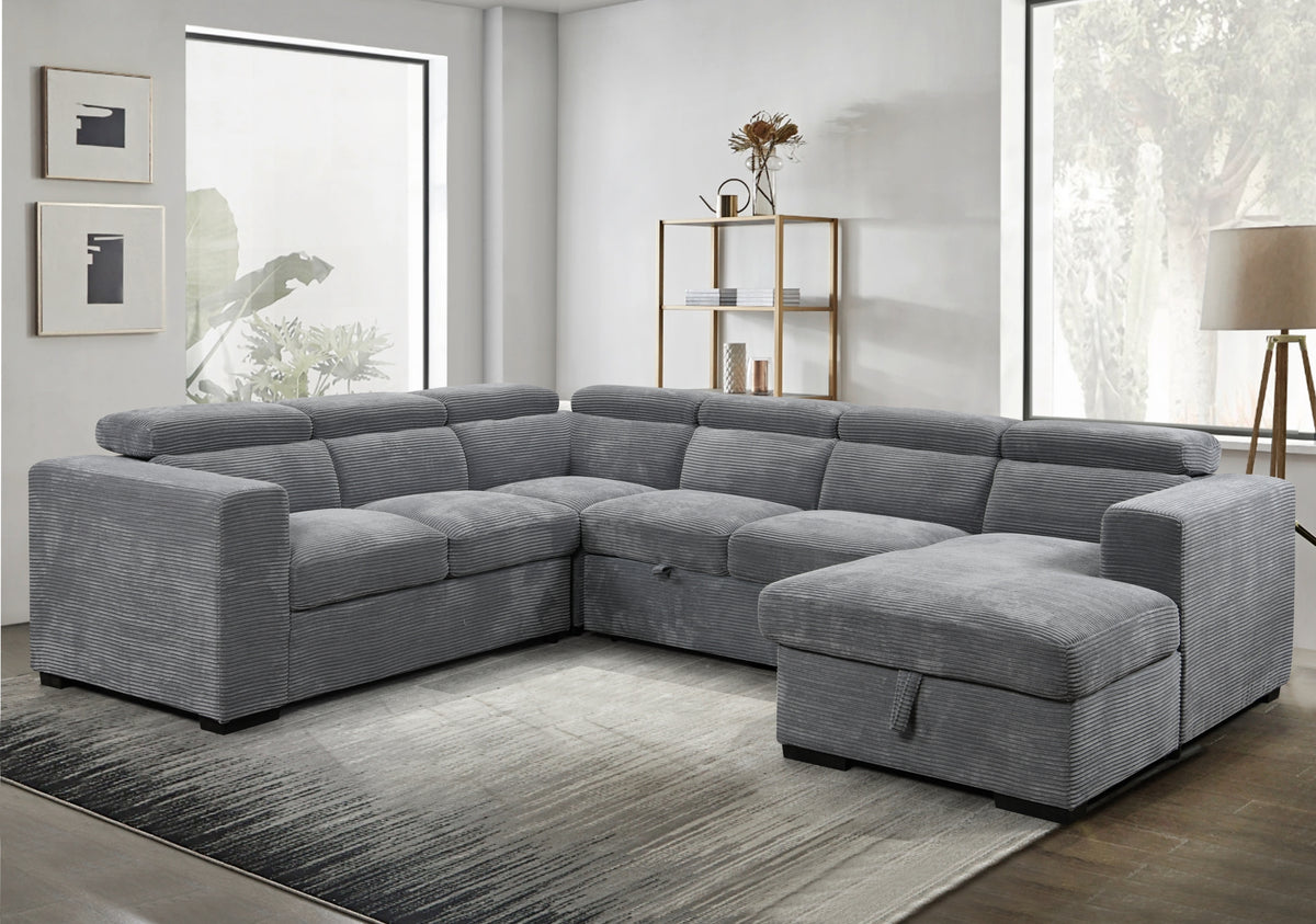 [SantaChoice] 123" Oversized Modern U-Shaped 7-seat Sectional Sofa Couch with Adjustable Headrest, Sofa Bed with Storage Chaise,Pull Out Couch Bed for Living Room ,Dark Gray
