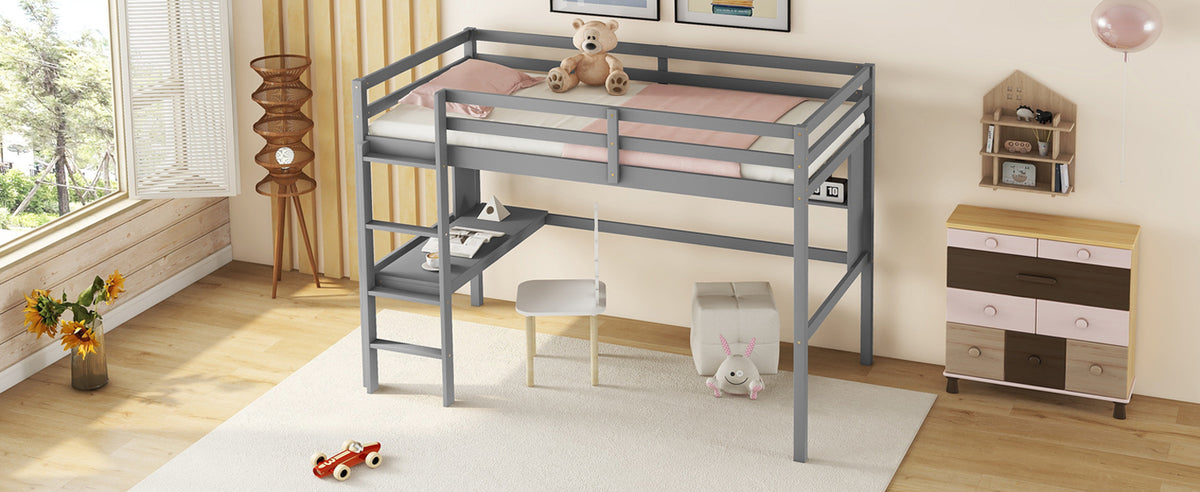 [SantaChoice] Twin Size Loft Bed with desk and shelves, Safety Guardrail and ladder,Grey