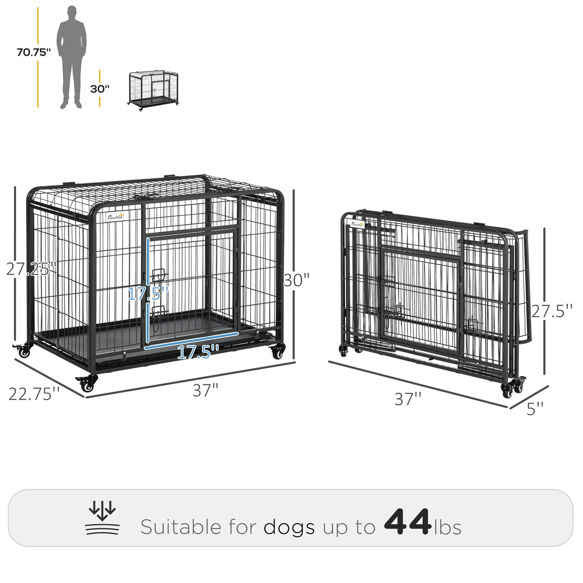 PawHut Folding Design Heavy Duty Metal Dog Cage Crate & Kennel with Removable Tray and Cover, & 4 Locking Wheels, Indoor/Outdoor 37"