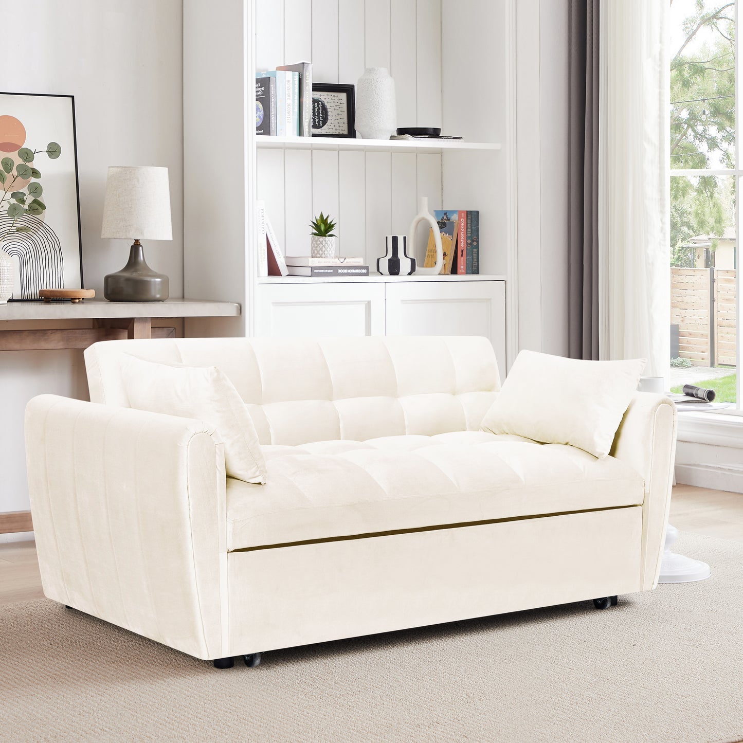 [SantaChoice] 64.9"3-in-1 foldable large size sofa bed, modern velvet double sofa, sofa bed with adjustable back, storage bag and pillow, suitable for living room, bedroom (beige)