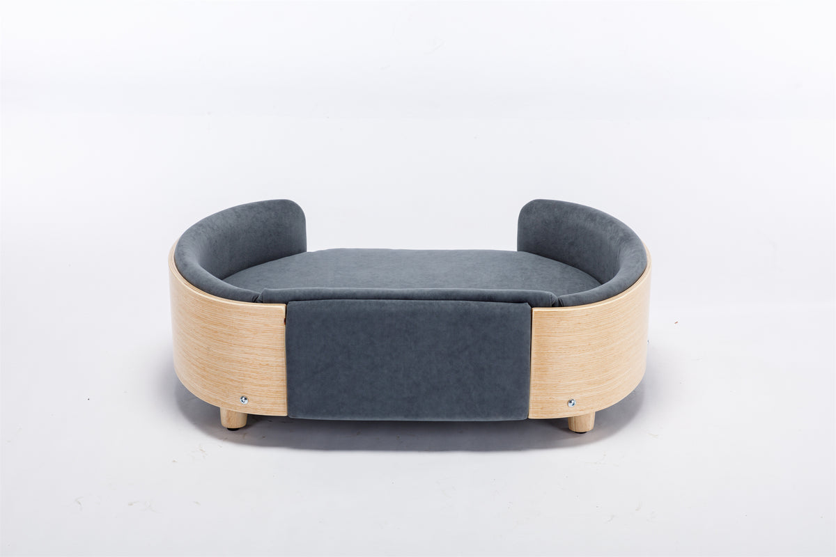 Scandinavian style Elevated Dog Bed Pet Sofa With Solid Wood legs and Bent Wood Back, Velvet Cushion,Mid Size,Dark Grey