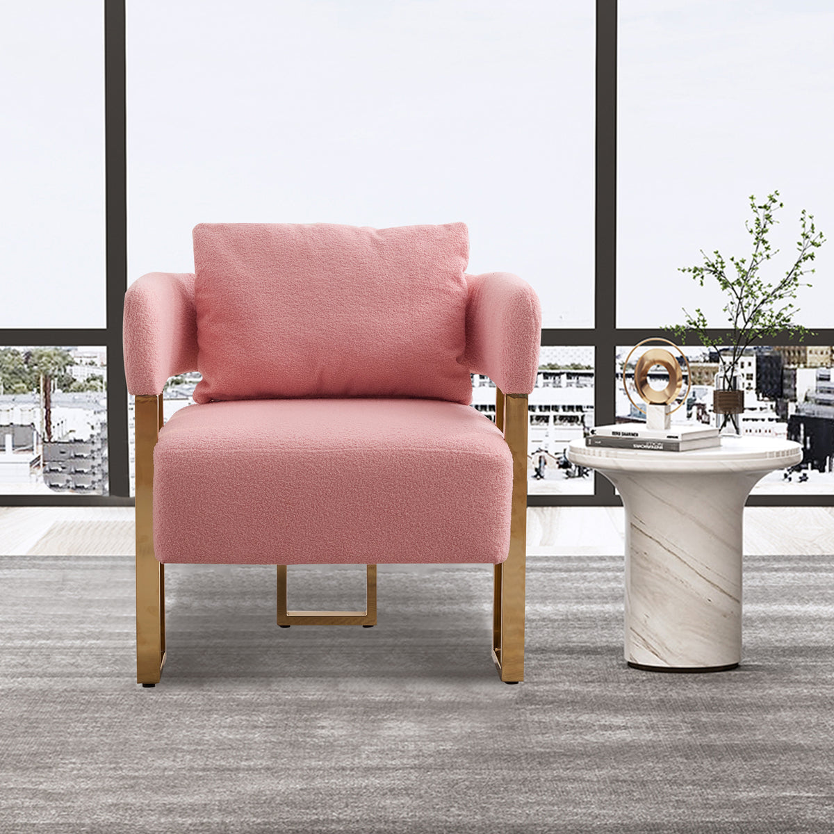 [SantaChoice] TS Modern decorative chair, living room side chair with gold metal legs, no wheels, suitable for dressing area, reception room, office,Teddy fleece upholstered metal foot sofa 1PC Pink