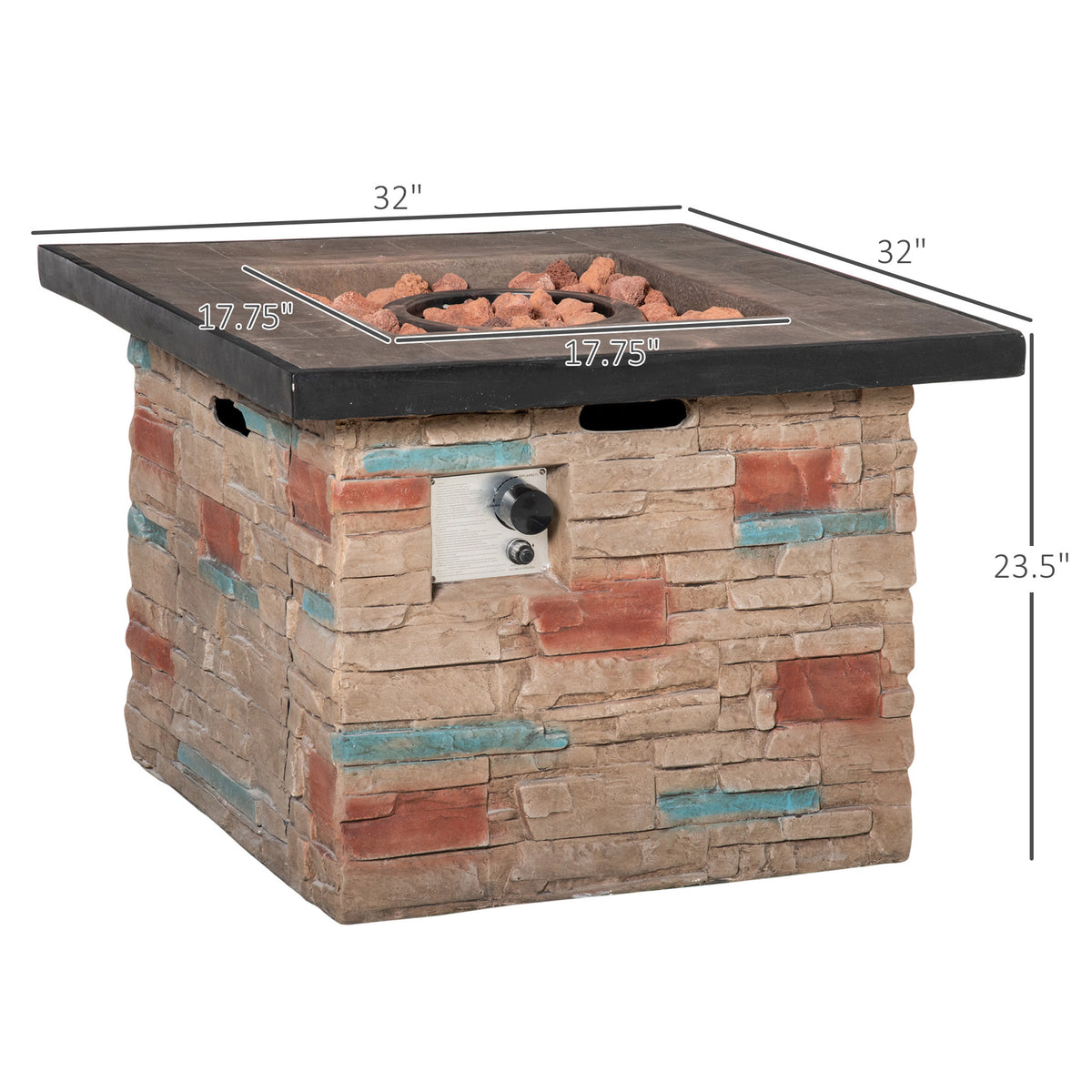 Outsunny 32 Inch Outdoor Propane Gas Fire Pit Table, 50,000 BTU Auto-Ignition Square Faux Ledge Stone Gas Firepit with Lava Rocks and Rain Cover, CSA Certification, Brown