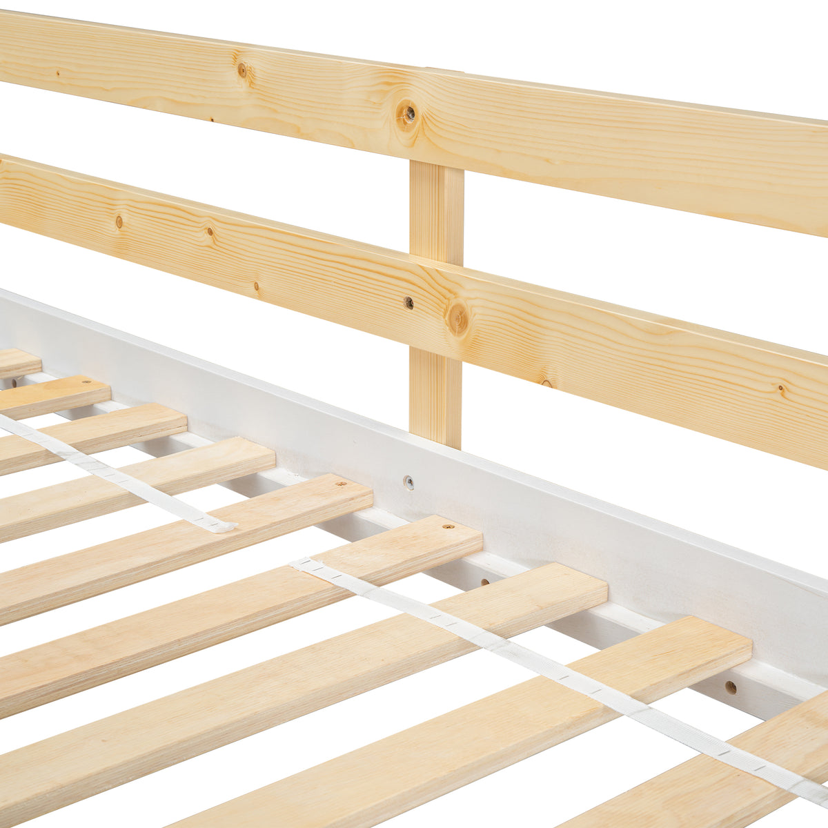Twin over Twin House Bunk Bed with Roof , Window, Window  Box, Door , with Safety Guardrails and Ladder, Natural/White