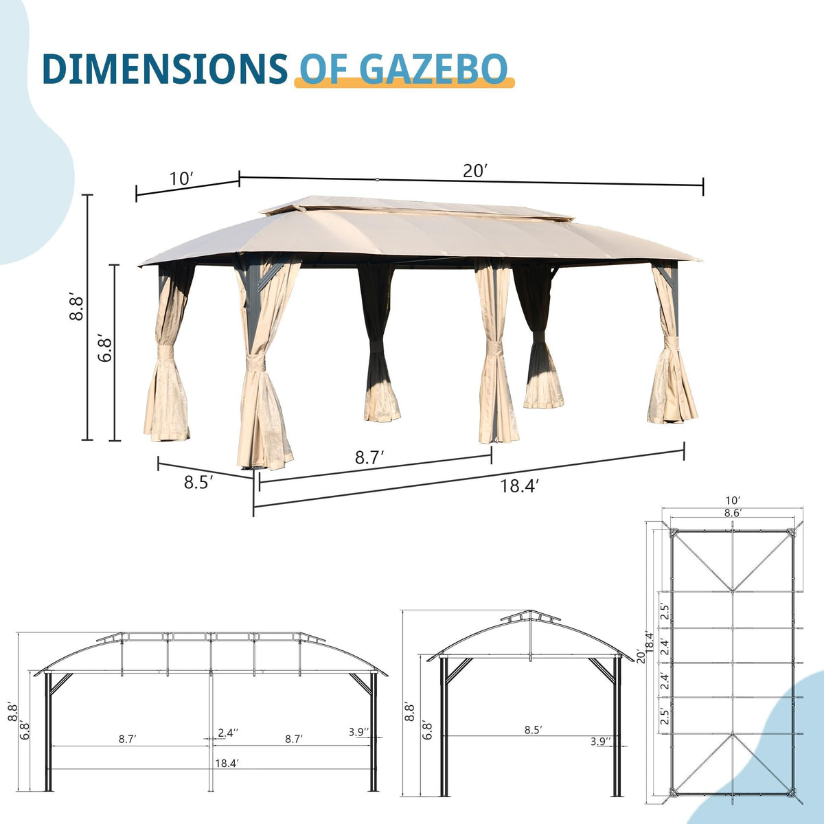 Gazebo 10x20FT, Outdoor Gazebo with Double Roofs, Privacy Curtains, Mosquito Nettings, Heavy Duty Metal Frame Party Tent Canopy for Patio, Backyard, Deck, Lawn, Brown