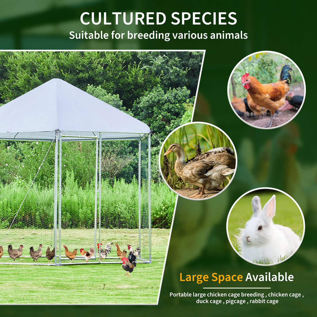 Large metal chicken coop hexagonal, steel wire dipped plastic mesh, oxford cloth silver plated waterproof and UV resistant, ducks, rabbits, sheep and birds outdoor house.(9.2*8.1ft)
