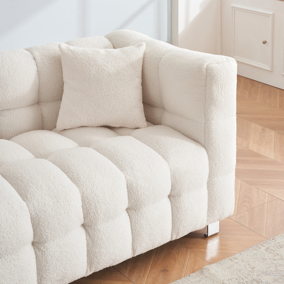 [SantaChoice] Sophisticated Comfort: Beige White Teddy Plush Sofa - 80 Inch, Perfect for Living Room or Bedroom, Includes Two Throw Pillows and Heavy-Duty Hardware Foot Support