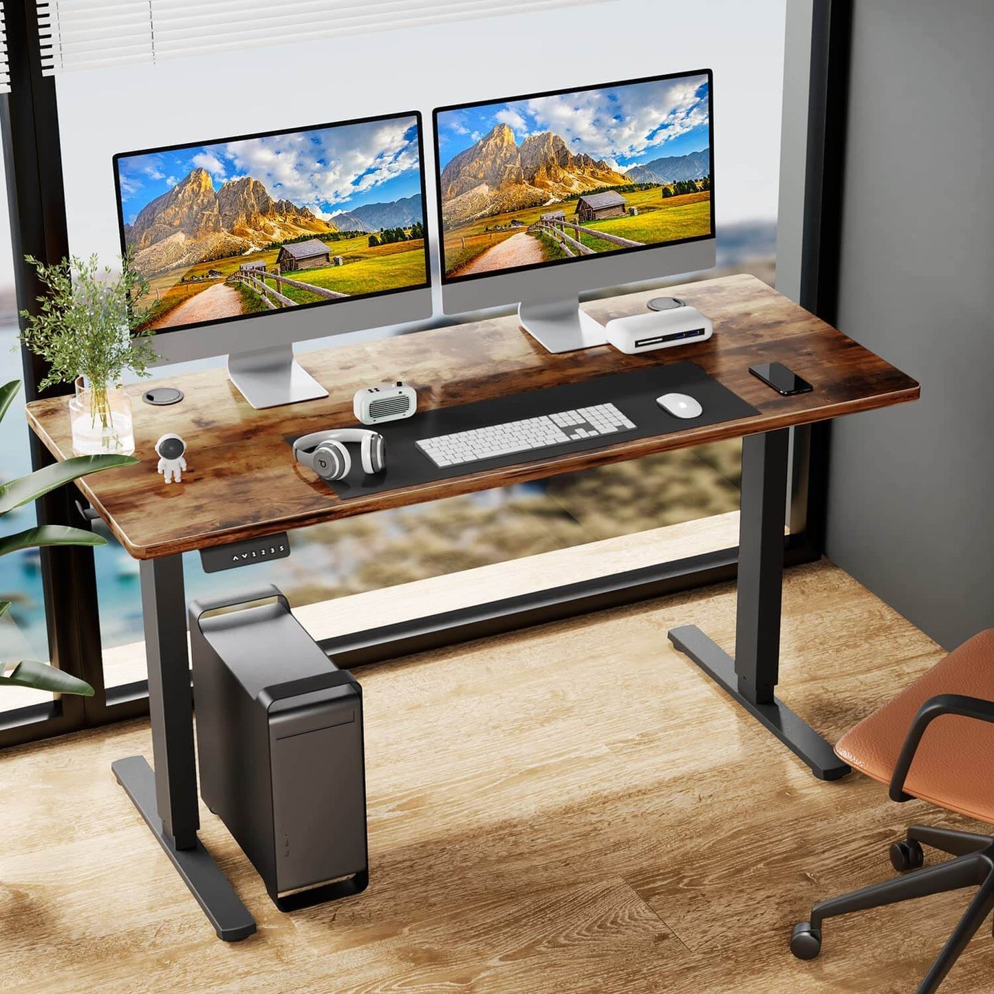 Electric Height Adjustable Standing Desk, Sit to Stand Ergonomic Computer Desk, Brown, 55'' x 24"