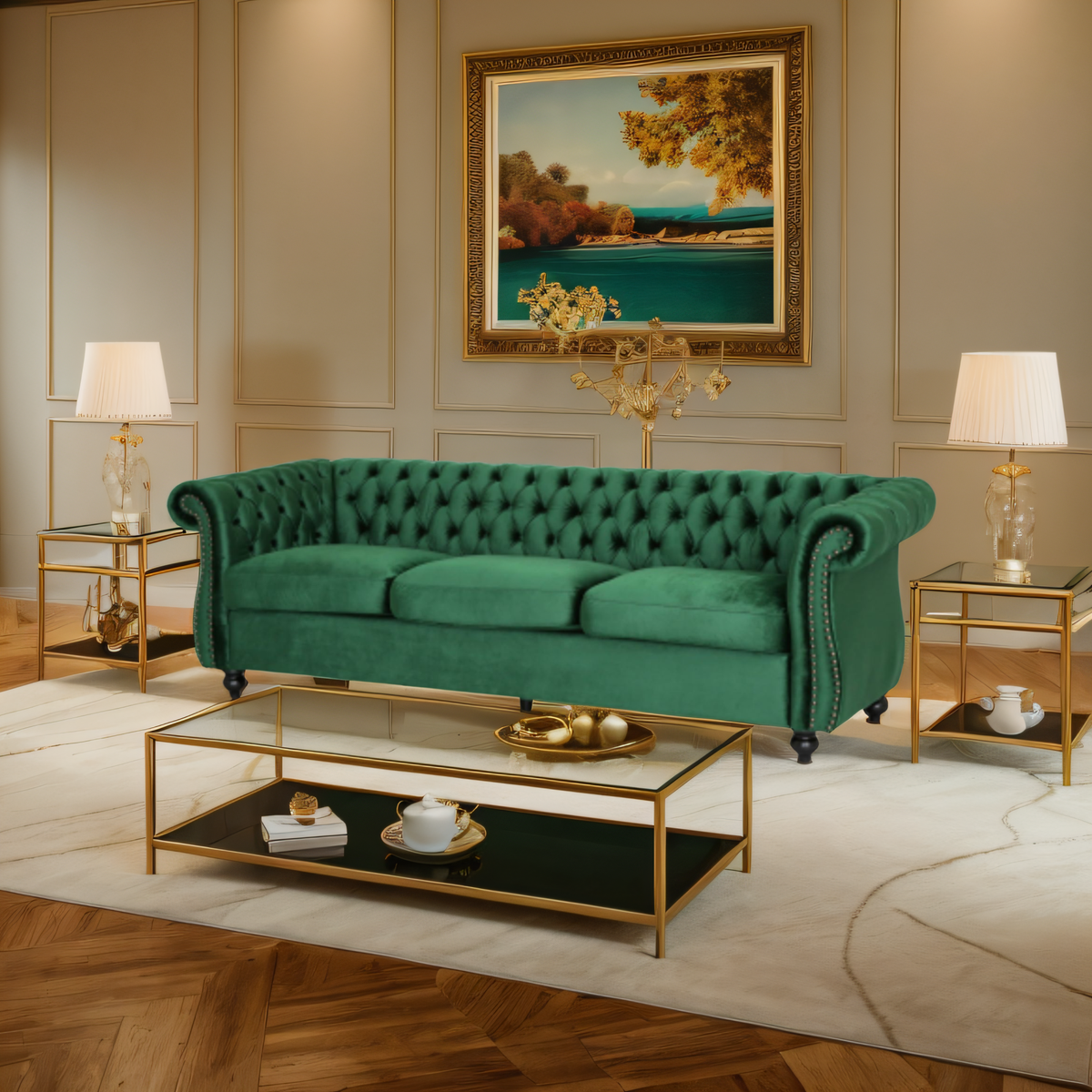[SantaChoice] Durable 3-Seater Emerald Velvet Sofa, Combining Luxurious Comfort with Christmas Design, Perfect for Elegant Living Spaces, Featuring Plush Upholstery for Relaxation and a Touch of Sophisticated Style
