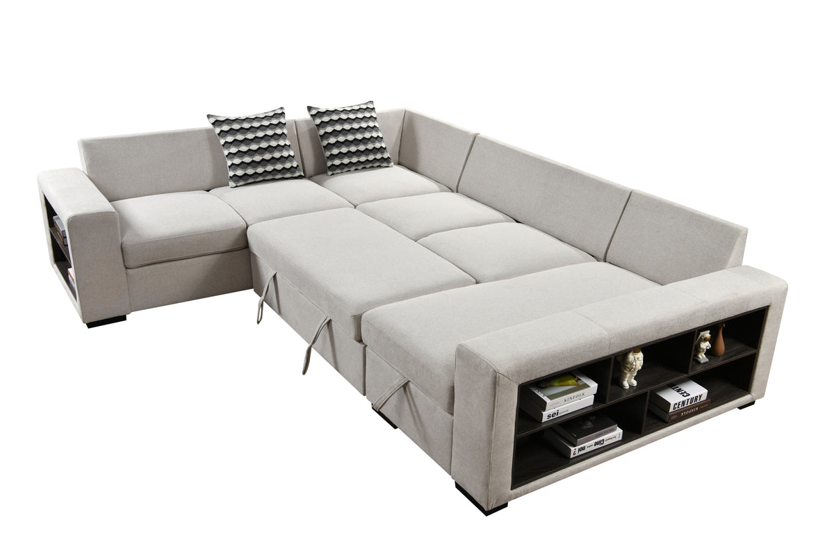 125'' Modern U Shaped 7 Seat Sectional Sofa Couch with Cabinet,Sofa Bed with Storage Chaise-Pull Out Couch Bed for Living Room,Beige