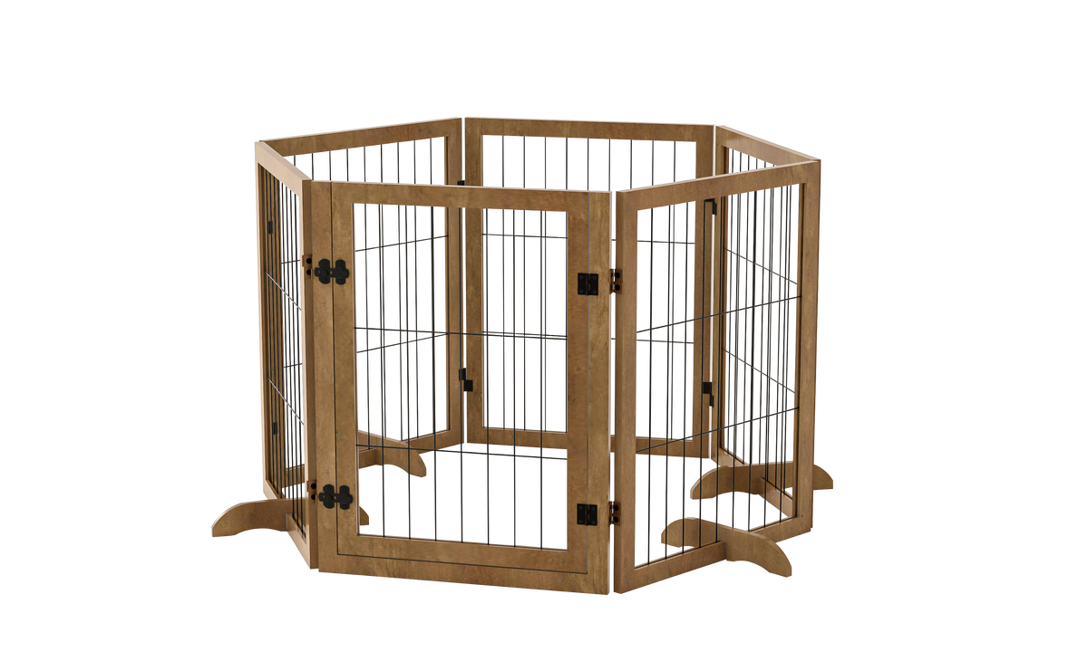 Dog Gate with Door Pet Dog Fence Barrier 6 Panels 144-inch Wide 32-inch Tall Foldable Multiple Shapes Freestanding with Support Feet Indoor Use for House Doorway Stairs Plant Stand