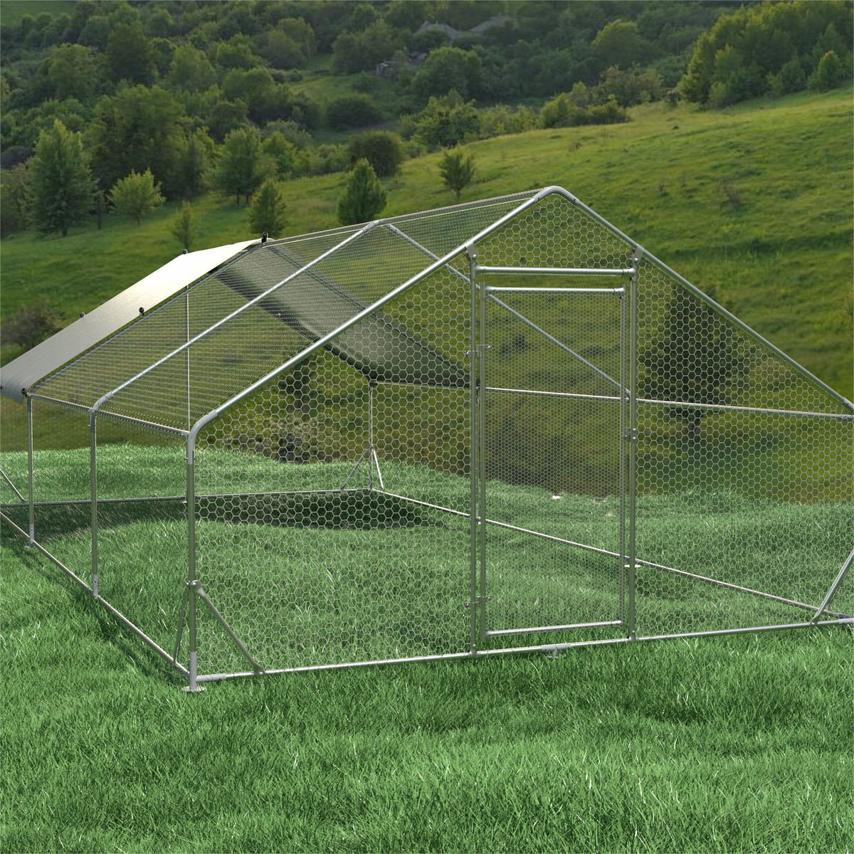 Large Metal Chicken Coop Walk-in Poultry Cage Hen Run House Rabbits Habitat Cage Spire Shaped Coop with Waterproof and Anti-Ultraviolet Cover (19.5' L x 9.7' W x 6.4' H)