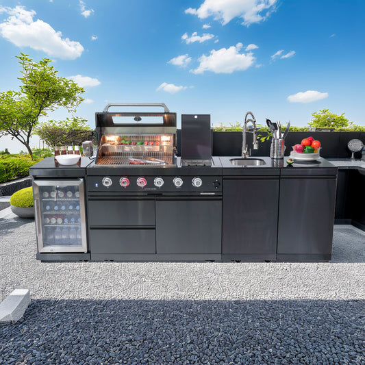 46-Inch 4-Burner 72000 BTU Deluxe Stainless Steel Gas Outdoor Kitchen Bar Barbecue Island Grill + Wine Cooler Compact Refrigerator + Rotisserie kit + Granite Countertops + Stainless steel Sink