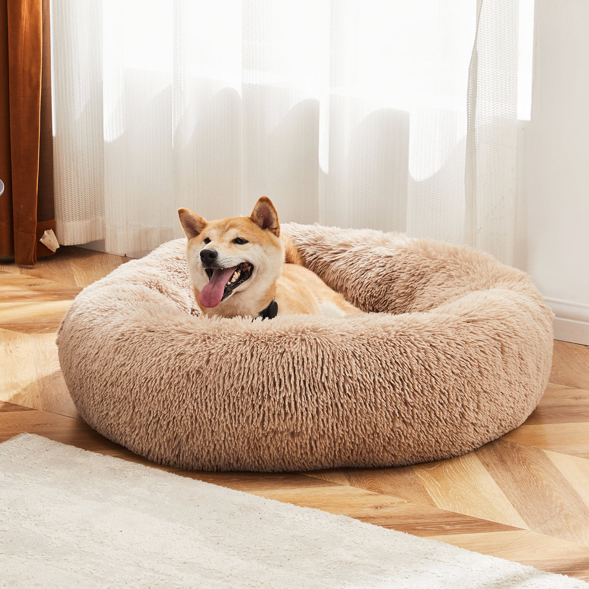 Anti-Slip Round Fluffy Plush Faux Fur Cat Bed, medium  Brown