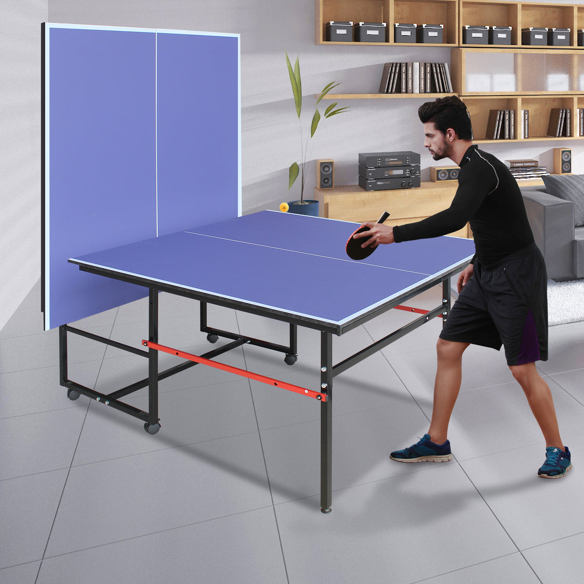 8ft Mid-Size Table Tennis Table Foldable & Portable Ping Pong Table Set for Indoor & Outdoor Games with Net, 2 Table Tennis Paddles and 3 Balls