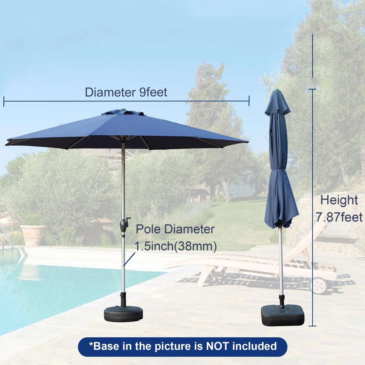 [SantaChoice] 9FT Patio Umbrella, Outdoor Table Umbrella with Push Button Tilt and Crank, UV Protection Waterproof Market Sun Umbrella with 8 Sturdy Ribs for Garden, Deck, Backyard, Pool (Navy Blue)
