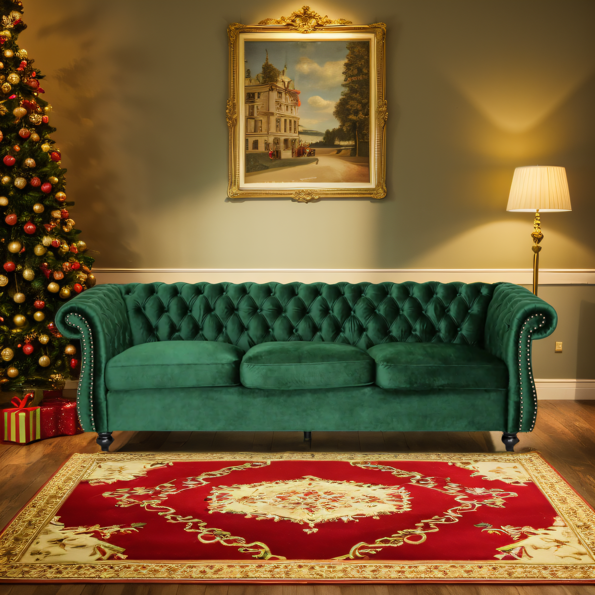 [SantaChoice] Durable 3-Seater Emerald Velvet Sofa, Combining Luxurious Comfort with Christmas Design, Perfect for Elegant Living Spaces, Featuring Plush Upholstery for Relaxation and a Touch of Sophisticated Style