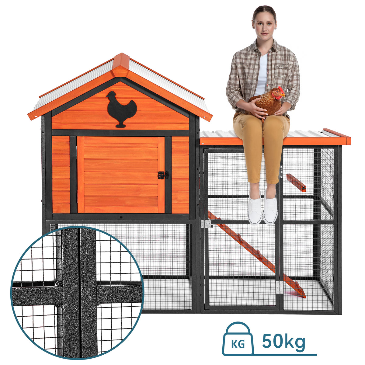 Durable Wood and Iron Chicken Coop with Runway and Waterproof Roof, Suitable for 5-7 Chickens, Built-in Nesting Box