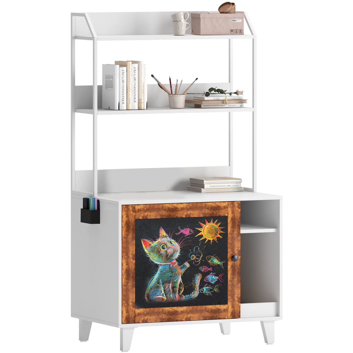 Graffiti the litter box Enclosure with 2 Storage Shelves and 1 Doors, Hidden Cat Litter Box Enclosure Furniture with Shelf, Indoor Cat House Furniture for Most of Litter Box,White