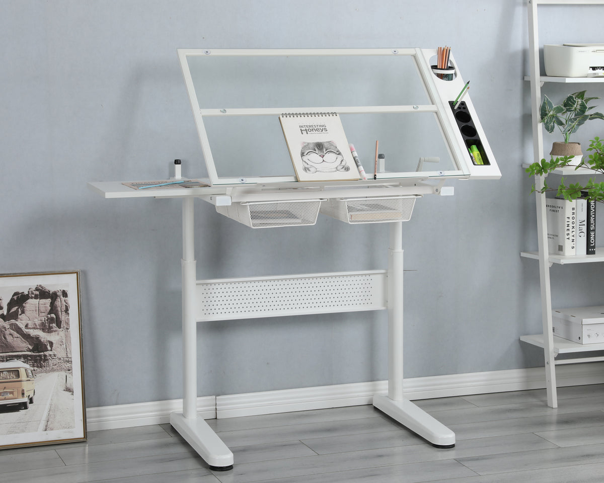 [SantaChoice] hand crank adjustable drafting table drawing desk with 2 metal drawers (white)WITH STOOL