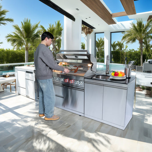 43-Inch 6-Burner 85000 BTU Deluxe Stainless Steel Gas Outdoor Kitchen Bar Barbecue Island Grill  + Wine Cooler Compact Refrigerator + Rotisserie + Granite Countertops + Storage Cabinets & Drawers