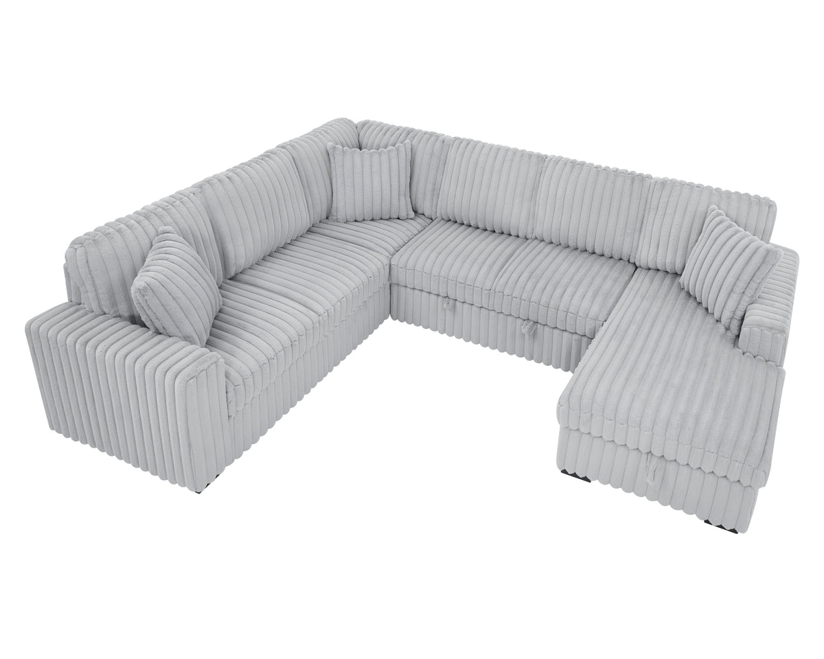 [SantaChoice] 122 Inch Pull Out Couch, Rabbit plush Fabric Sofa Bed with USB Ports & Comfy Upholstered, Oversized U Shape Sectional Sleeper Sofa Bed with Storage Chaise, Grey