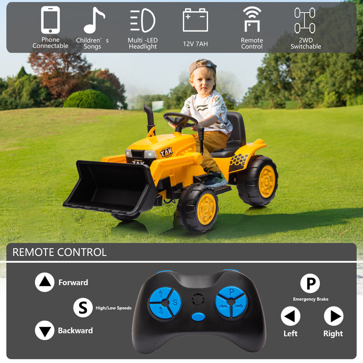 12V Kids Ride on Tractor Electric Excavator Battery Powered Motorized Car for Kids Ages 3-6, with Front Loader, Digging Handle, Remote Control, & Bright Headlight, Yellow
