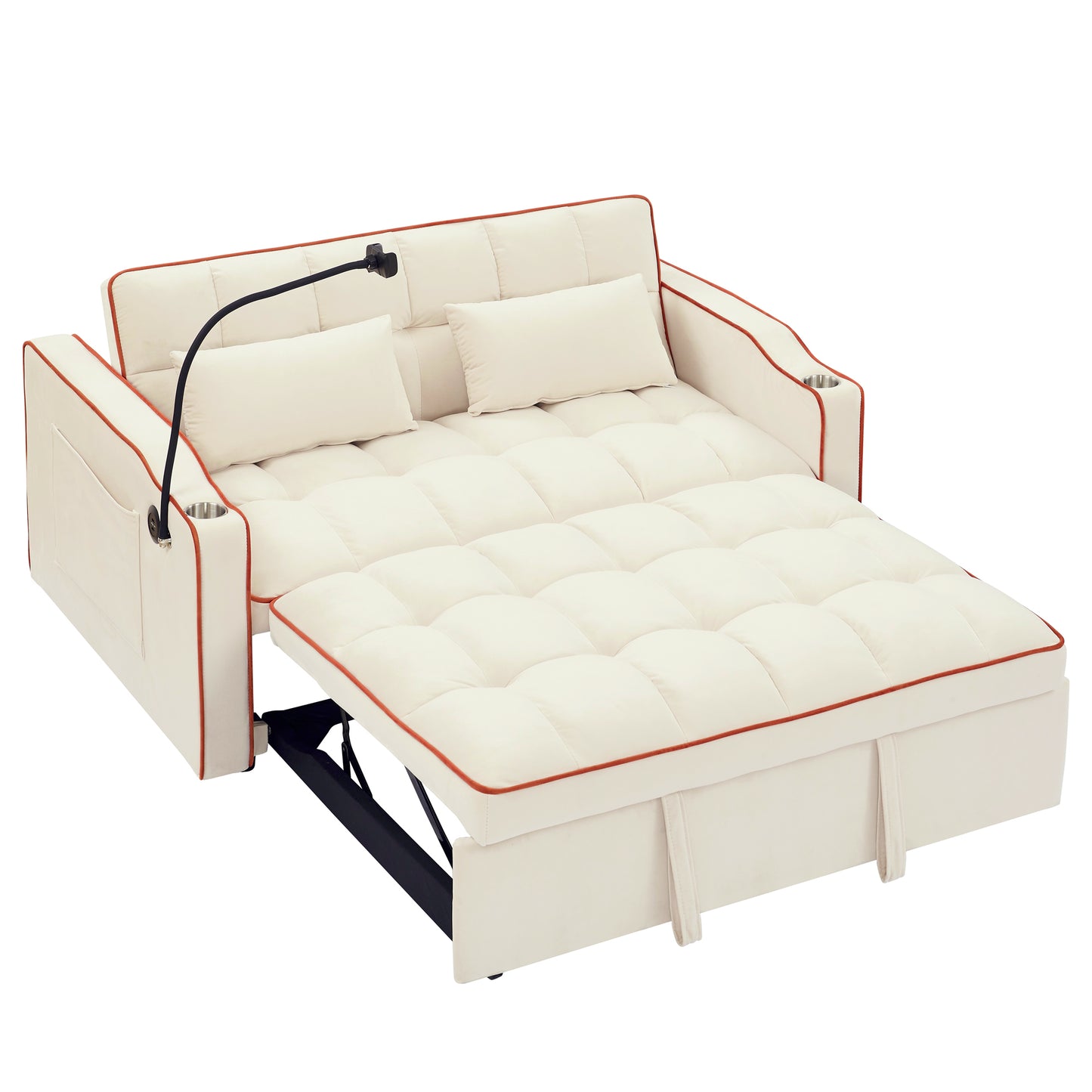 [SantaChoice] 55.51 inch versatile foldable sofa bed in 3 lengths, modern sofa sofa sofa velvet pull-out bed, adjustable back and with USB port and ashtray and swivel phone stand (Beige)