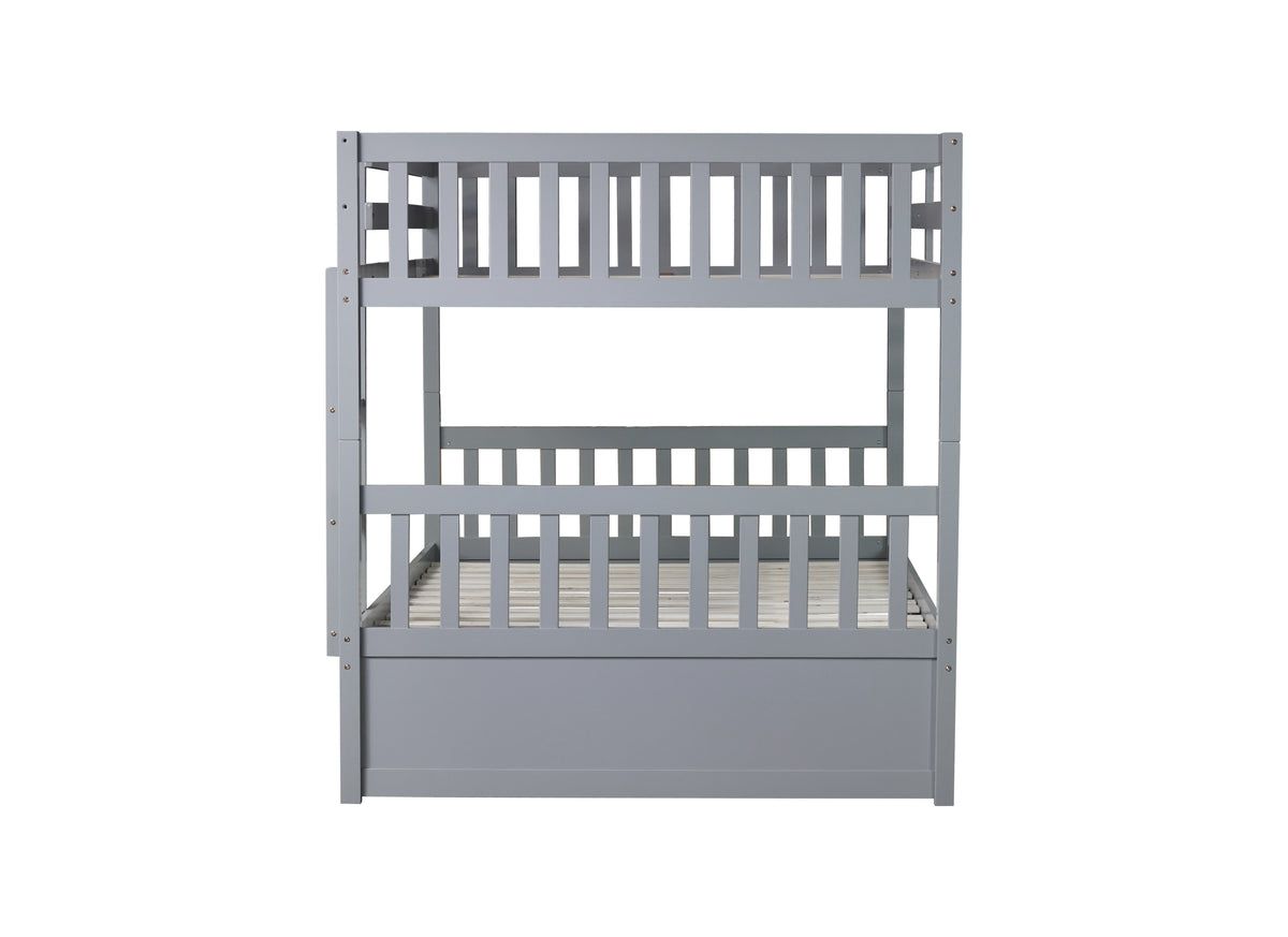 Full Over Full Rubber Wood Bunk Bed with Trundle, Ladder and Guardrails, Convertible to 2 Full Size Beds, with Twin Size Trundle ,Grey(Old Sku:W504S00250)