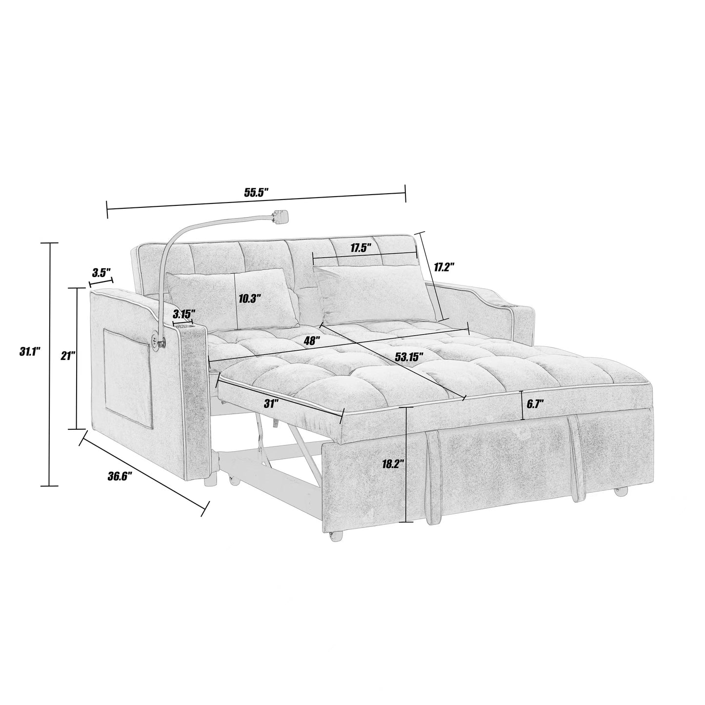 [SantaChoice] 55.51 inch versatile foldable sofa bed in 3 lengths, modern sofa sofa sofa velvet pull-out bed, adjustable back and with USB port and ashtray and swivel phone stand (Beige)