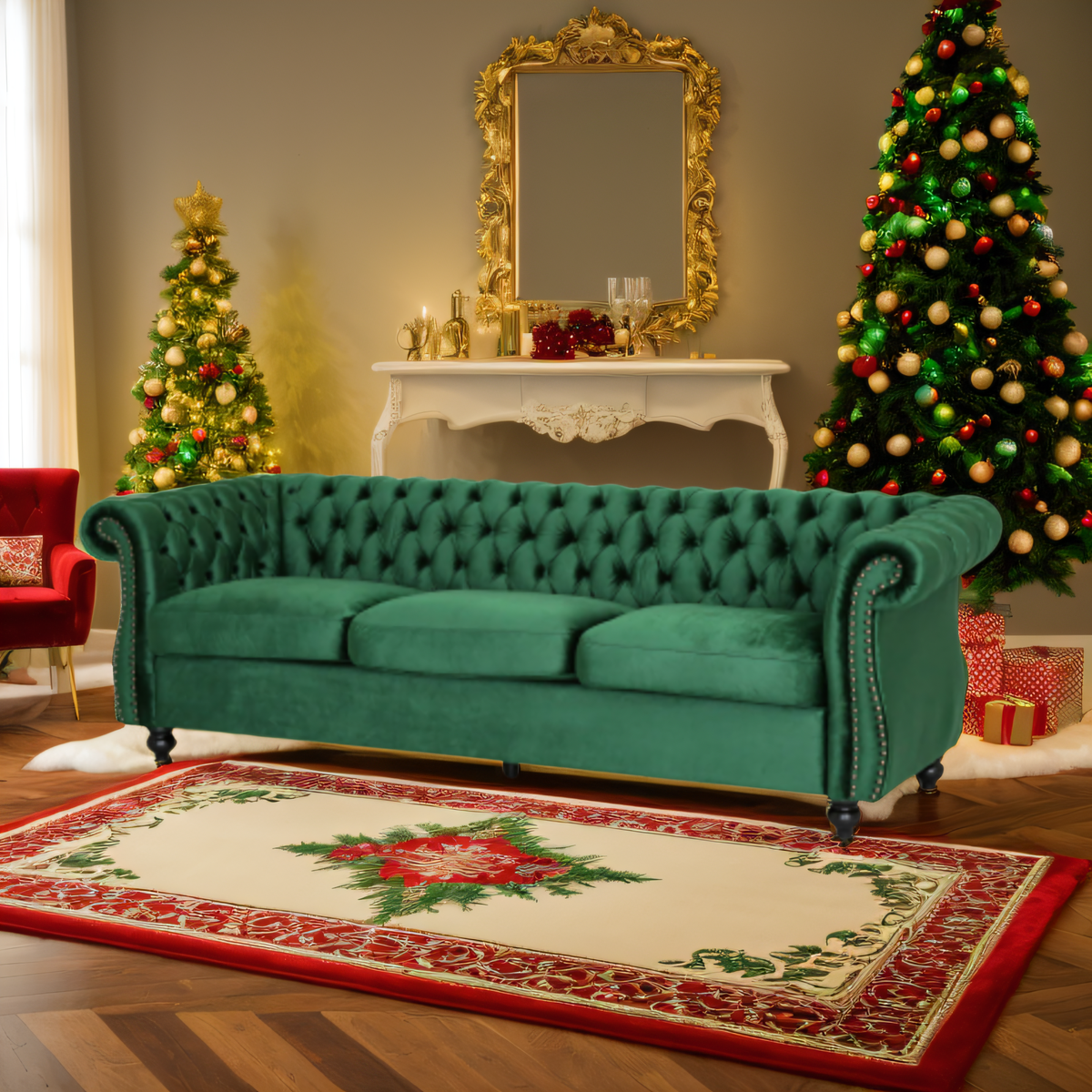 [SantaChoice] Durable 3-Seater Emerald Velvet Sofa, Combining Luxurious Comfort with Christmas Design, Perfect for Elegant Living Spaces, Featuring Plush Upholstery for Relaxation and a Touch of Sophisticated Style