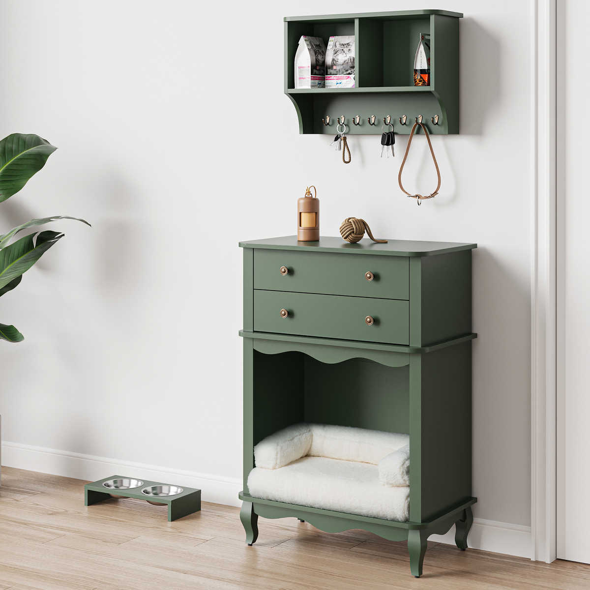 Pet Storage Cabinet with Wall Mounted Cabinet, 2 Drawers and Semi-Open Space, Hidden Cat Litter Box, Multi-Functional End Table-Green
