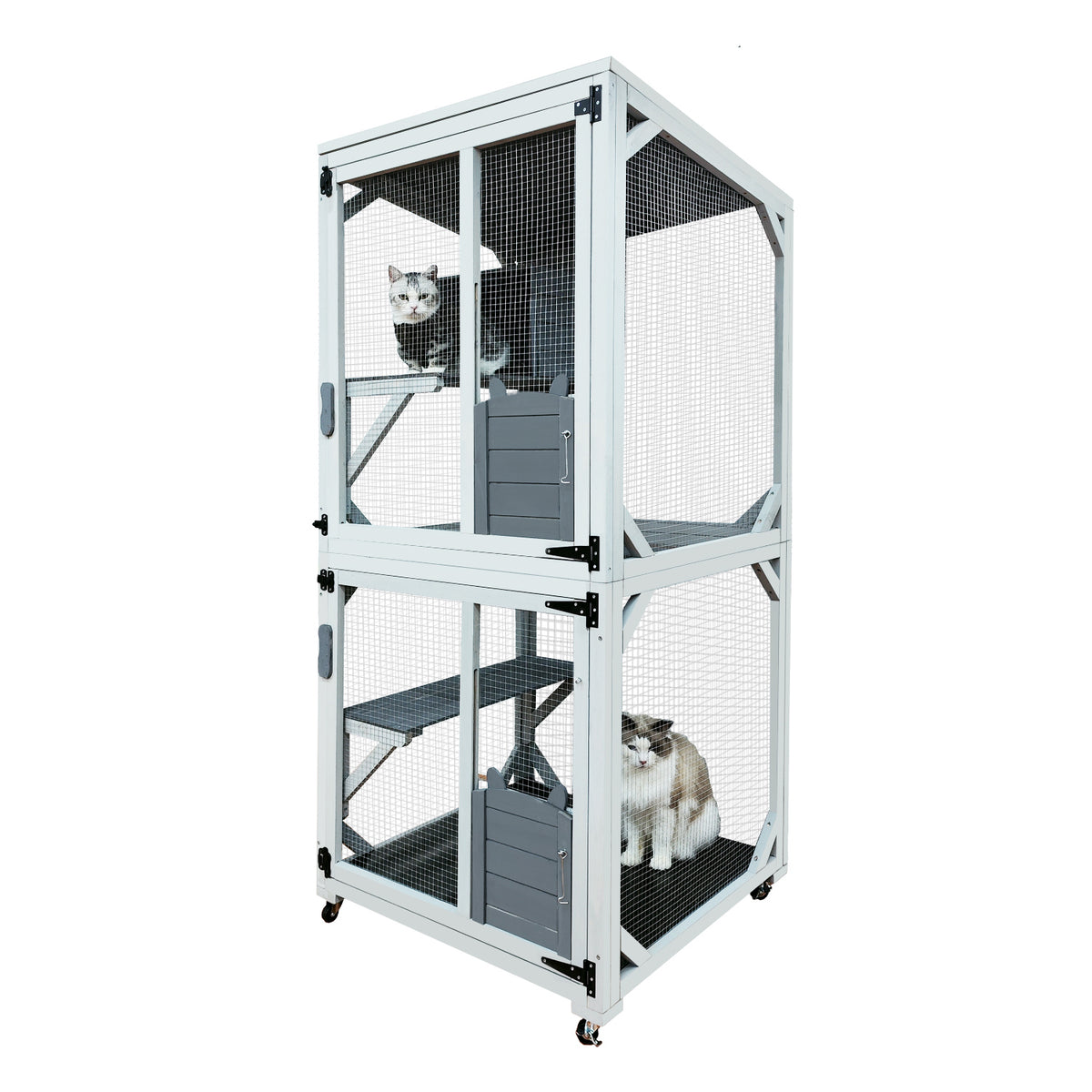30.7"  Wooden Catio Outdoor Cat Enclosure, Luxury Cat House on Wheels with Napping House, 4 Platforms & Weatherproof Asphalt Roof, Large Kitty Cat Condo Cage Shelter Playpen with Sliding Doors