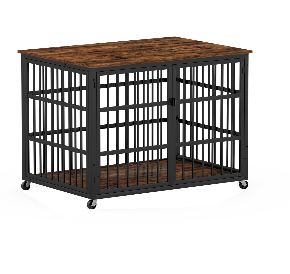 Furniture style dog crate wrought iron frame door with side openings, Rustic Brown, 43.3''W x 29.9''D x 33.5''H.