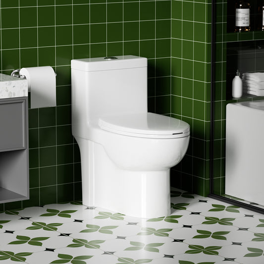 1.1/1.60 GPF Dual-Flush One Piece Toilet,Button on the Tank top, Water-Saving Elongated Comfort Height Floor Mounted, Soft Closing Seat,1000 Gram Map Flushing Score Toilet, Gloss White GW-003