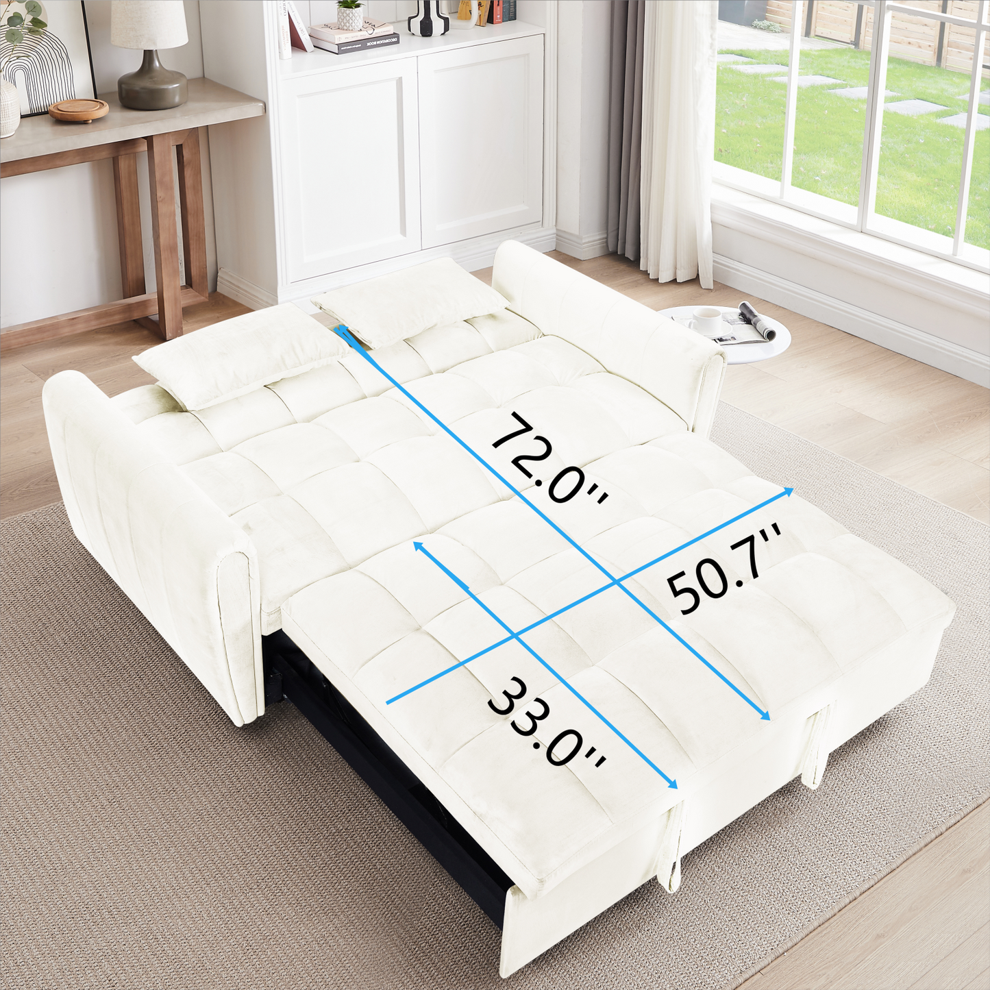 [SantaChoice] 64.9"3-in-1 foldable large size sofa bed, modern velvet double sofa, sofa bed with adjustable back, storage bag and pillow, suitable for living room, bedroom (beige)