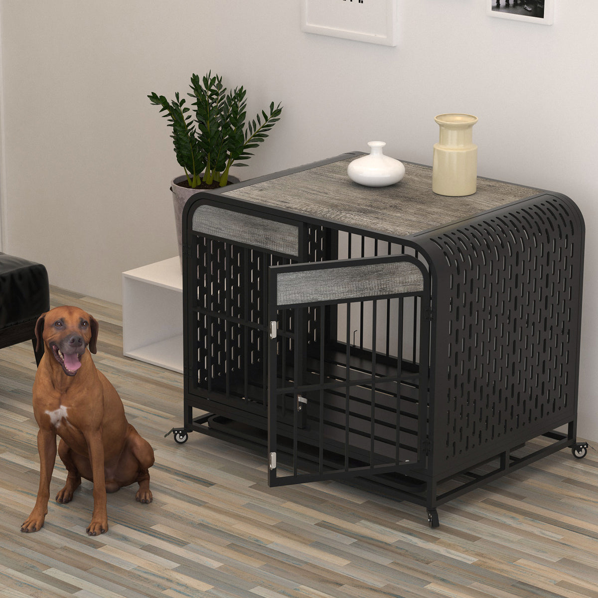 Heavy Duty Dog Crate Furniture Wooden Table Pet Dog Cage Kennel House Indoor Side End Table Decor with Removable Trays and Lockable Wheels for Small Dogs 33" Grey