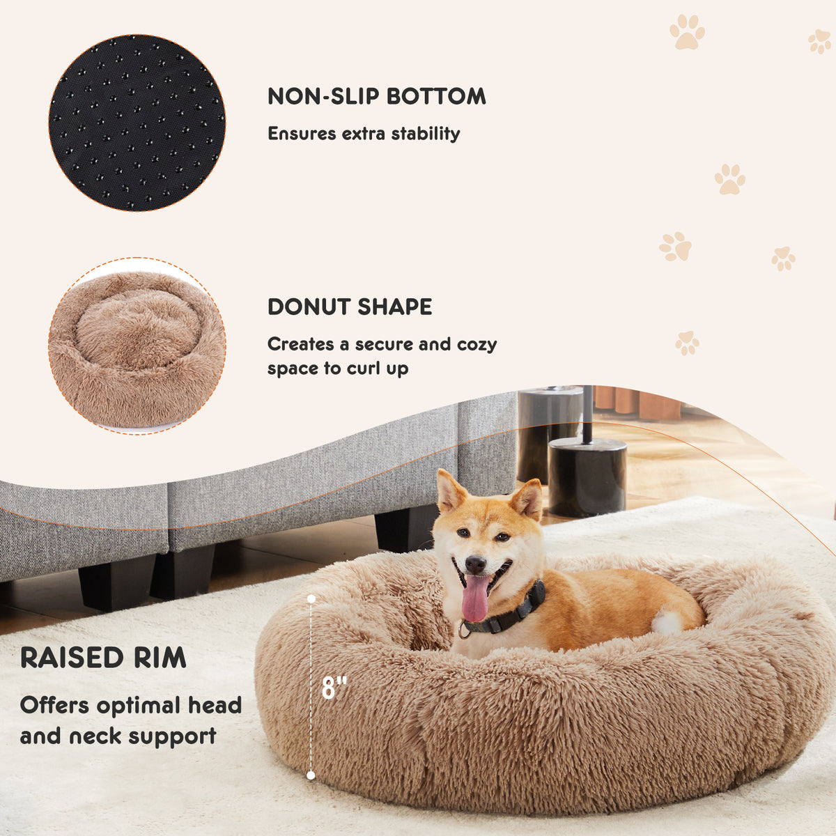 Anti-Slip Round Fluffy Plush Faux Fur Cat Bed, medium  Brown
