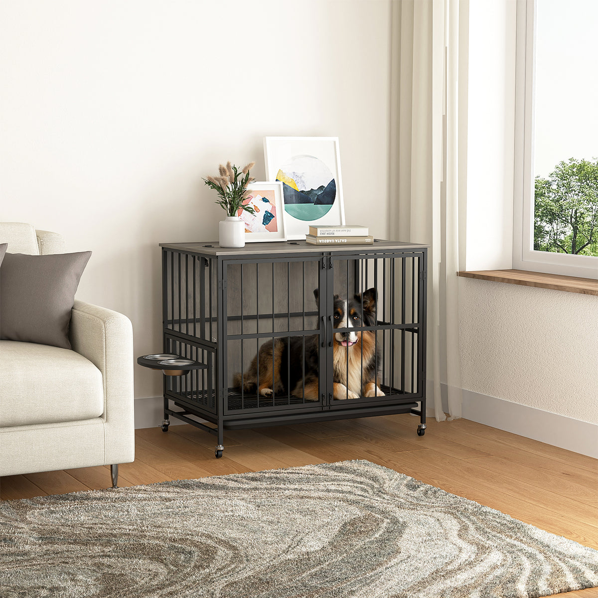 Modern Kennel Dogs room up to 80 LB, Dog crate furniture with Multi-Purpose Rremovable Ttray, Double-Door Dog House, lift Panel, 360 Degree Rotation -3 Height Adjustable Feeding Bowls(Grey)