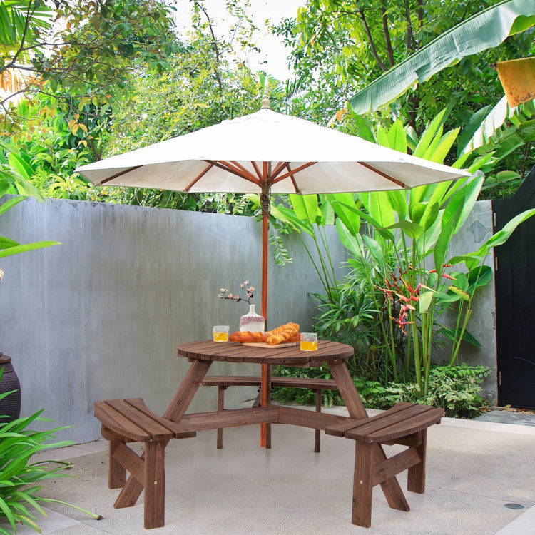 6 Person Wooden Picnic Table Set with Bench and Umbrella Hold w/o Umbrella