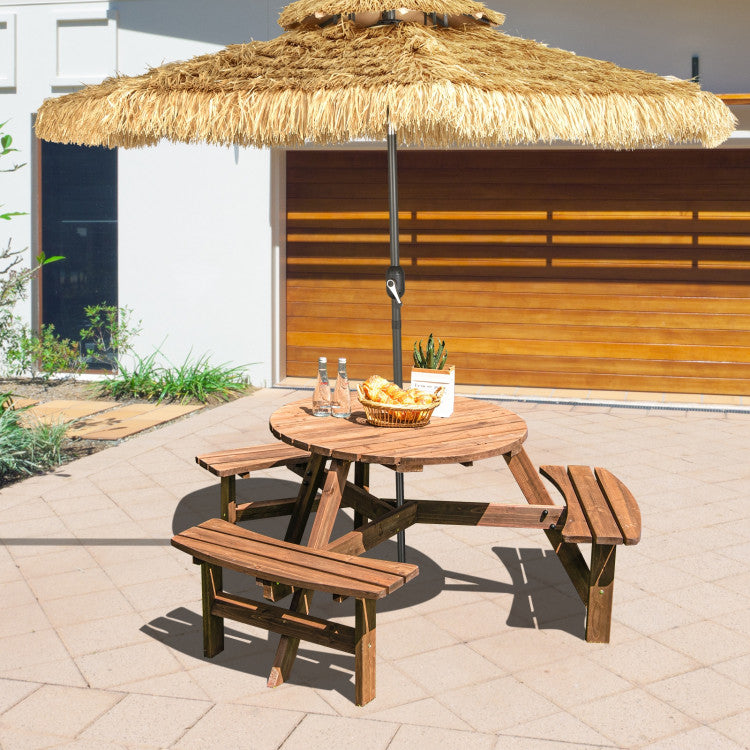 6 Person Wooden Picnic Table Set with Bench and Umbrella Hold w/o Umbrella