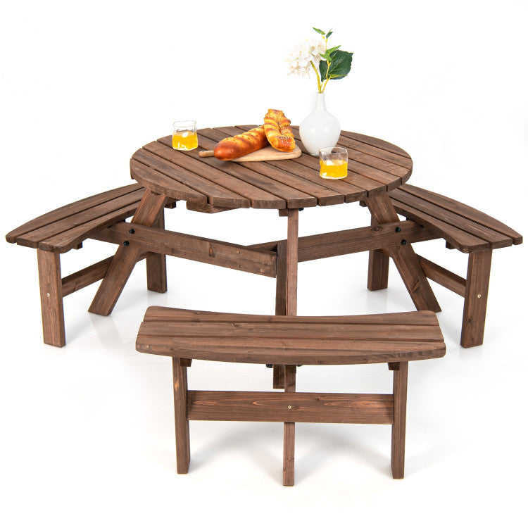 6 Person Wooden Picnic Table Set with Bench and Umbrella Hold w/o Umbrella